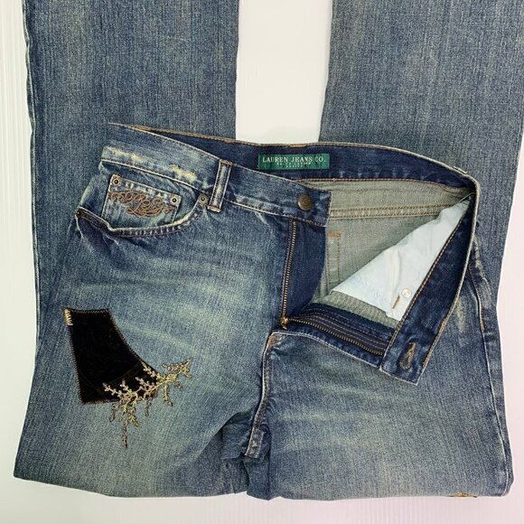 Ralph Lauren Jeans 4P Petite Patched Distressed Fade Denim Boho NWT - Picture 3 of 10